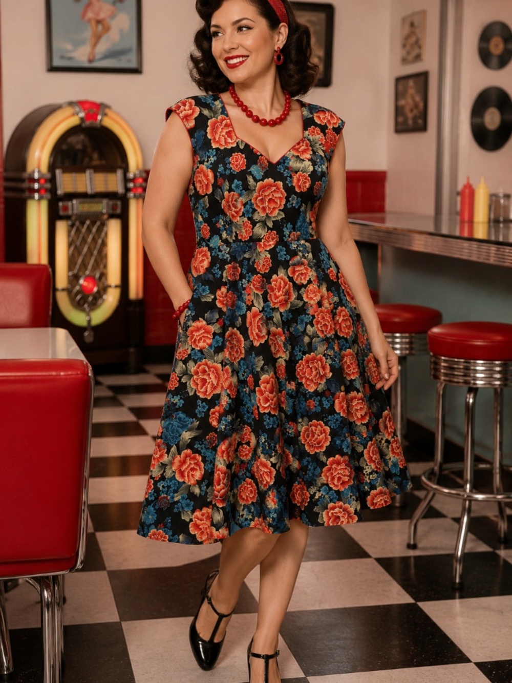 NWT Lindy Bop midi dress 4XL sleeveless denim/floral retro pin up rockabilly